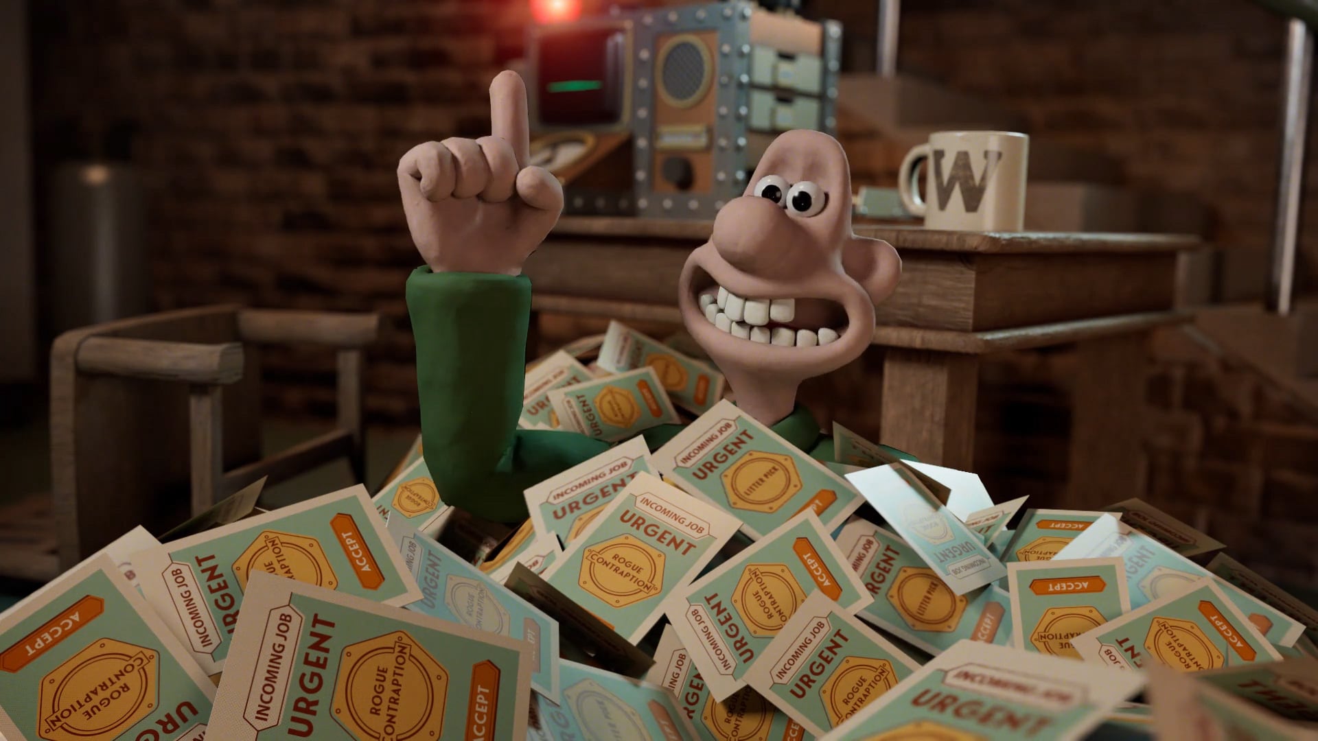 A still frame from Fictioneers' and Aardman's immersive, augmented-reality mobile app "Wallace & Gromit: The Big Fix-Up", featuring Wallace, in his workshop. Wallace is smiling with his mouth wide open and is covered up to his neck by printed tickets.